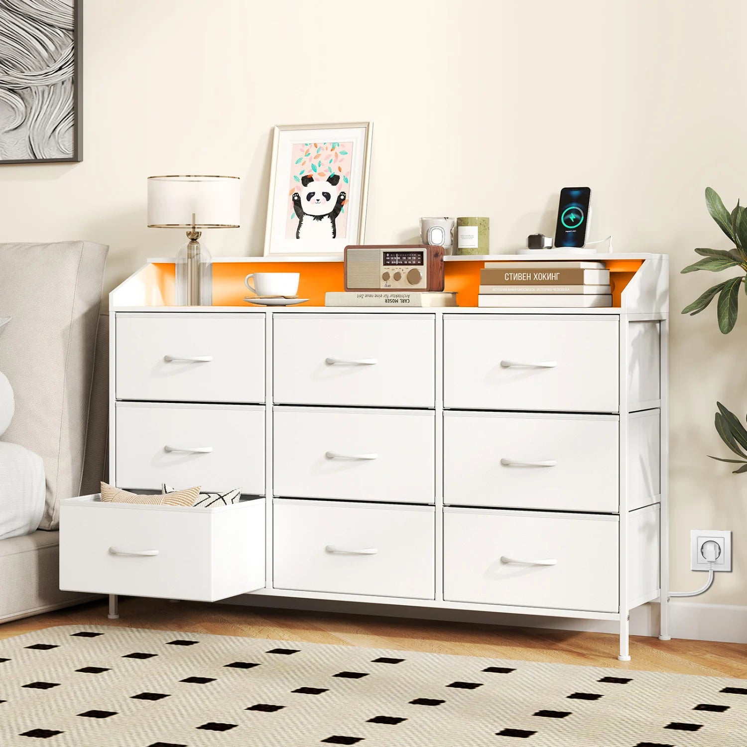 White storage organizer with LED lights and nine fabric drawers, ideal for bedroom storage and organization.