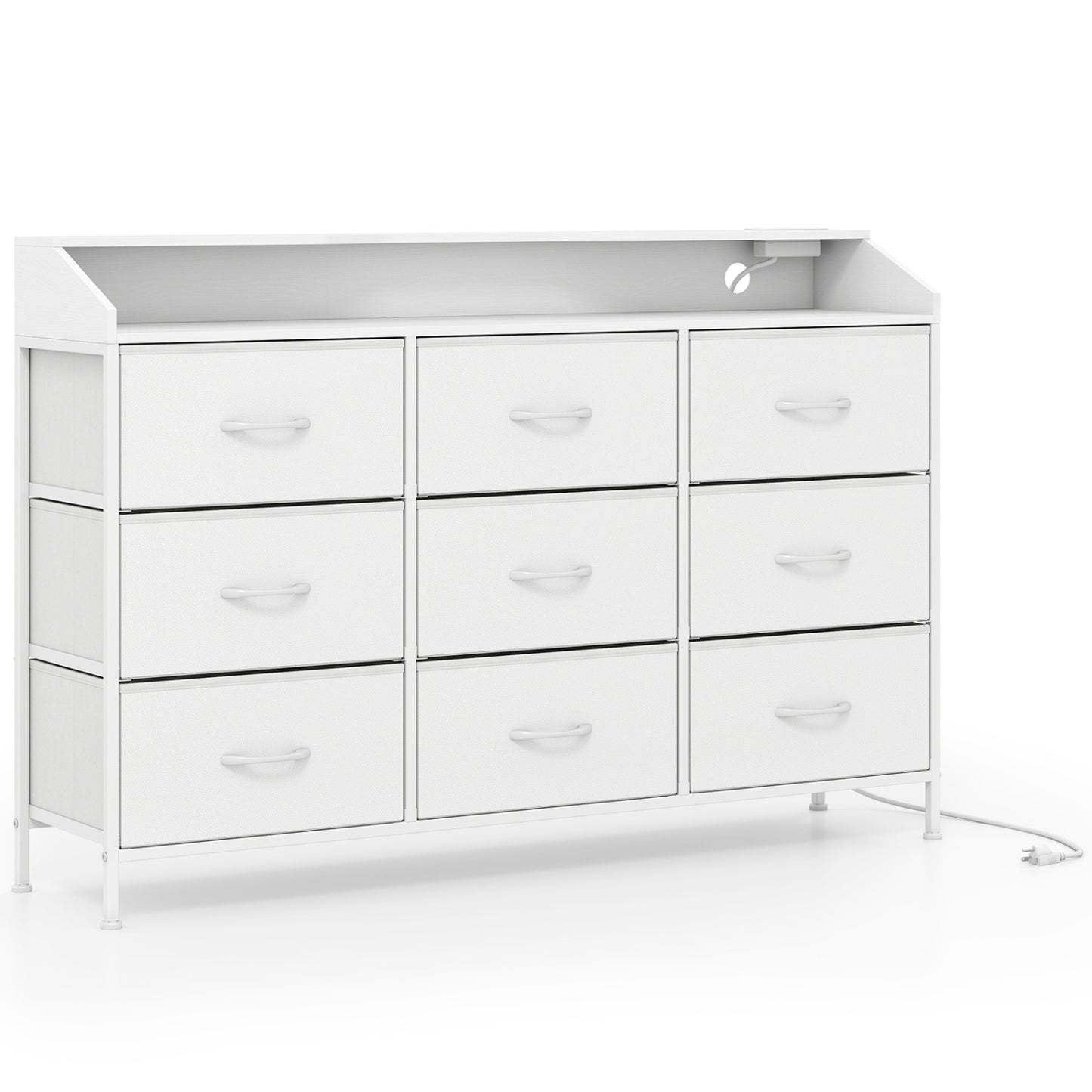 White bedroom storage organizer with LED lights and nine fabric drawers, featuring a modern design for versatile bedroom storage.
