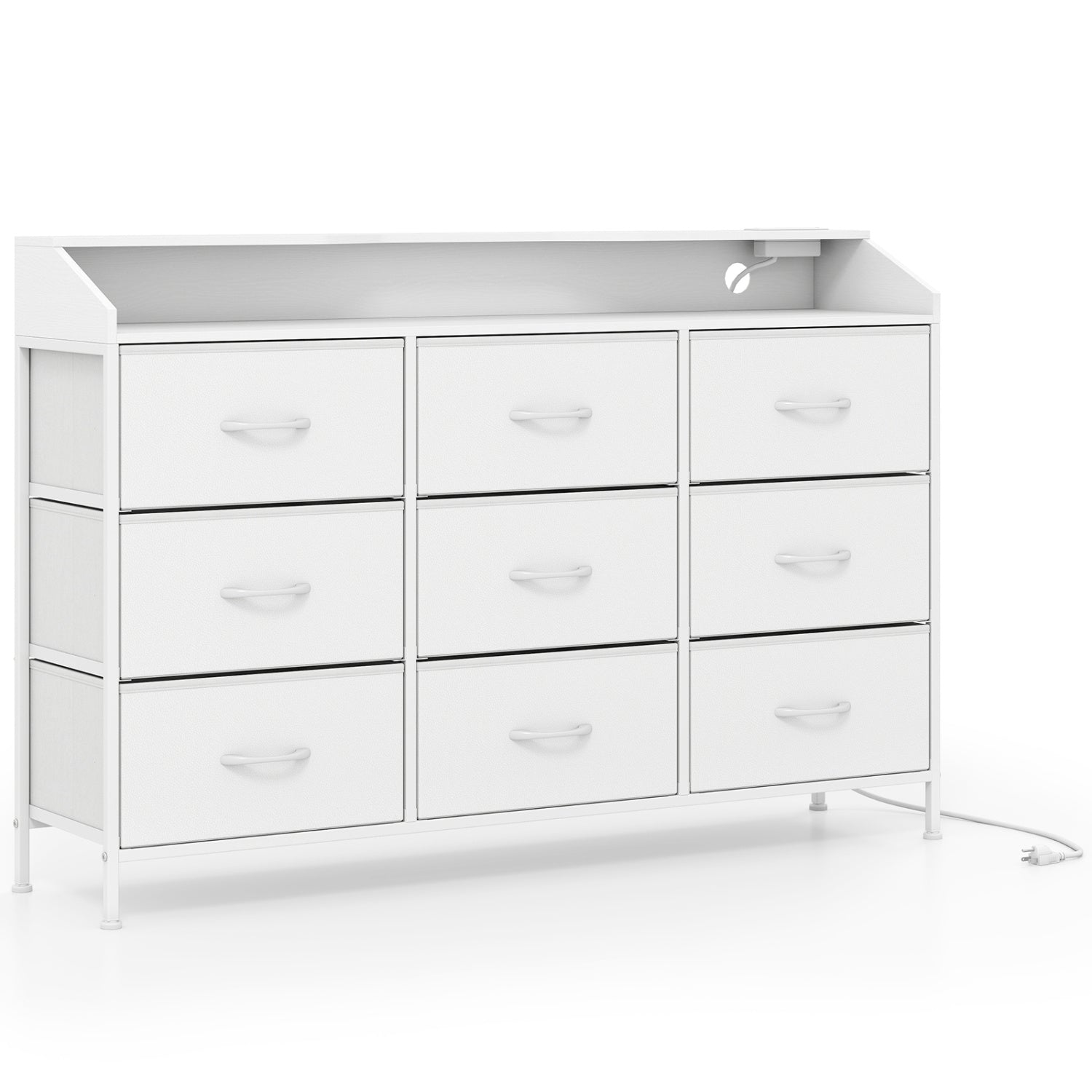 White bedroom storage organizer with LED lights and nine fabric drawers, featuring a modern design for versatile bedroom storage.