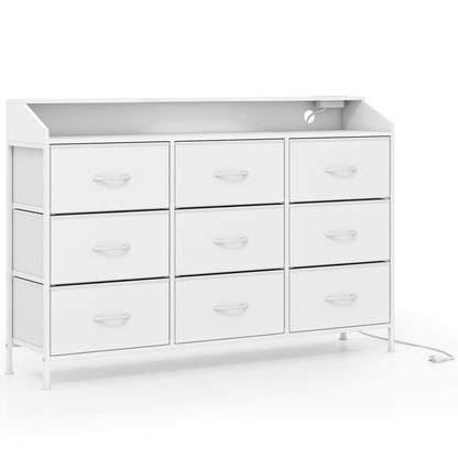 White bedroom storage organizer with LED lights and nine fabric drawers, featuring a modern design for versatile bedroom storage.