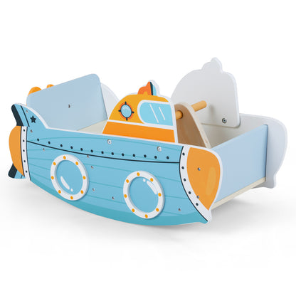 Wooden submarine climbing toy with rotating propeller and rocking features, designed for indoor play and active fun.