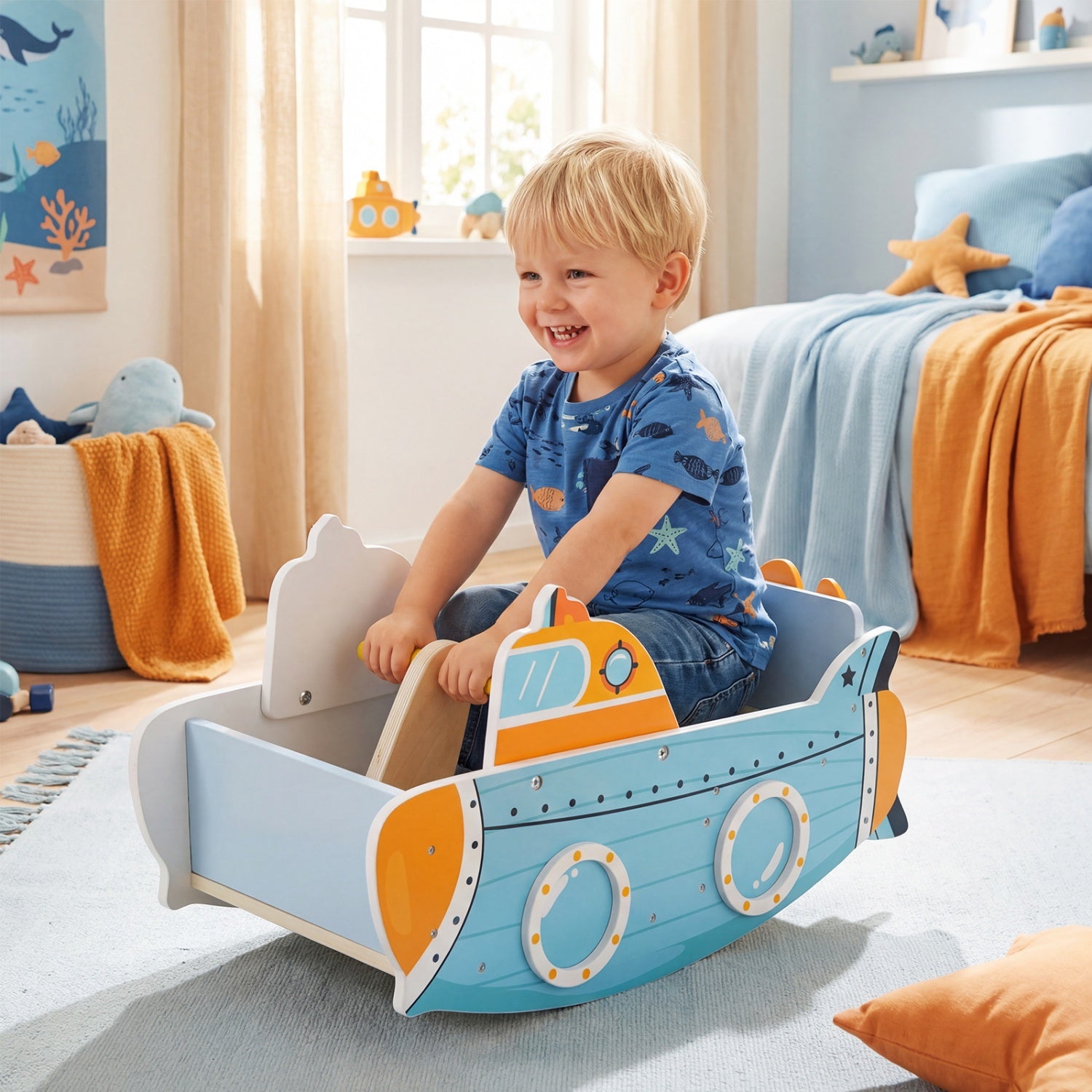 Wooden submarine climbing toy with rotating propeller and rocking climber for indoor play, designed for children’s active fun.
