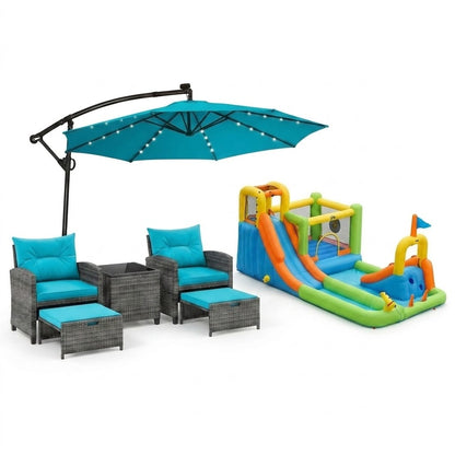 Luxury outdoor patio bundle with 5-piece rattan furniture set, 8-in-1 water slide, and 10ft LED offset umbrella, by Wilsons Home Store.