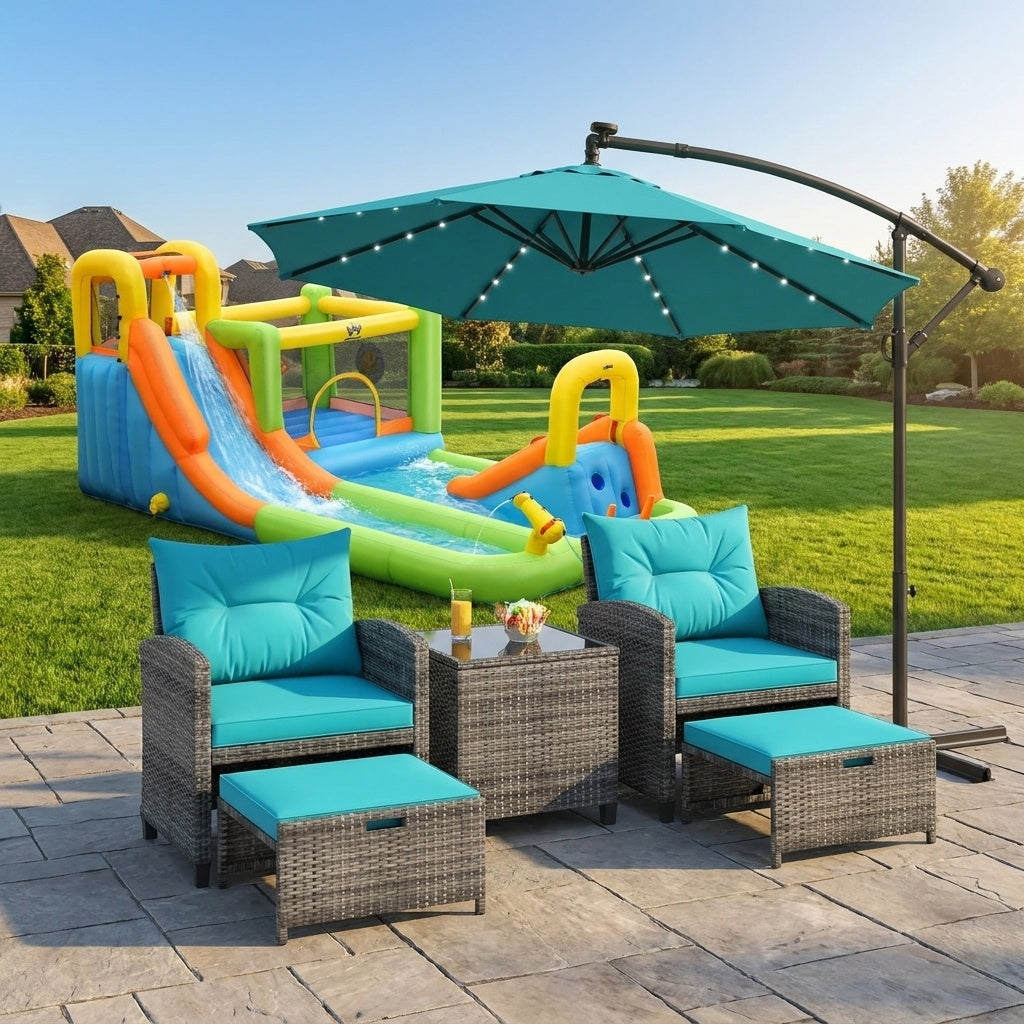 Luxury summer patio bundle featuring rattan furniture set, 8-in-1 water slide, and 10ft LED offset umbrella for outdoor entertainment