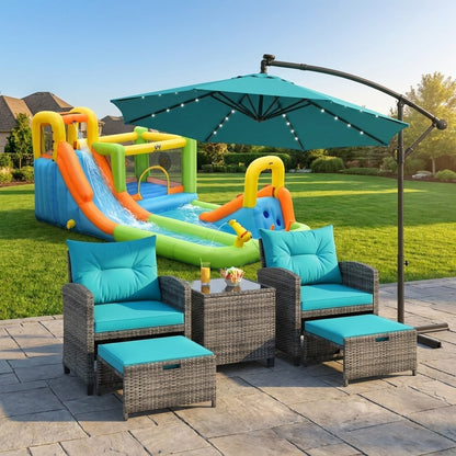 Luxury summer patio bundle featuring rattan furniture set, 8-in-1 water slide, and 10ft LED offset umbrella for outdoor entertainment