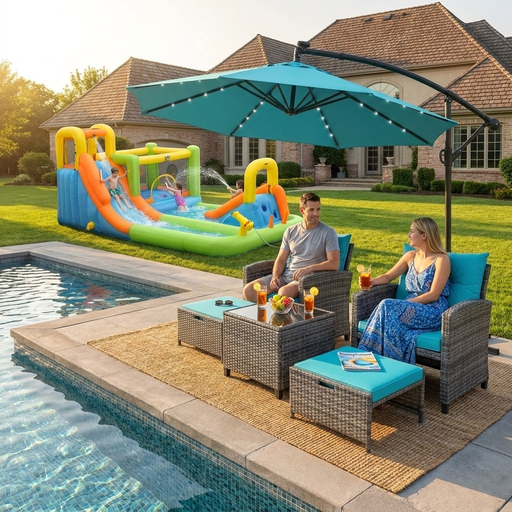 Luxury summer patio bundle including 5-piece rattan furniture set, 8-in-1 water slide, and 10ft LED offset umbrella.
