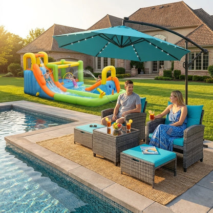 Luxury summer patio bundle including 5-piece rattan furniture set, 8-in-1 water slide, and 10ft LED offset umbrella.