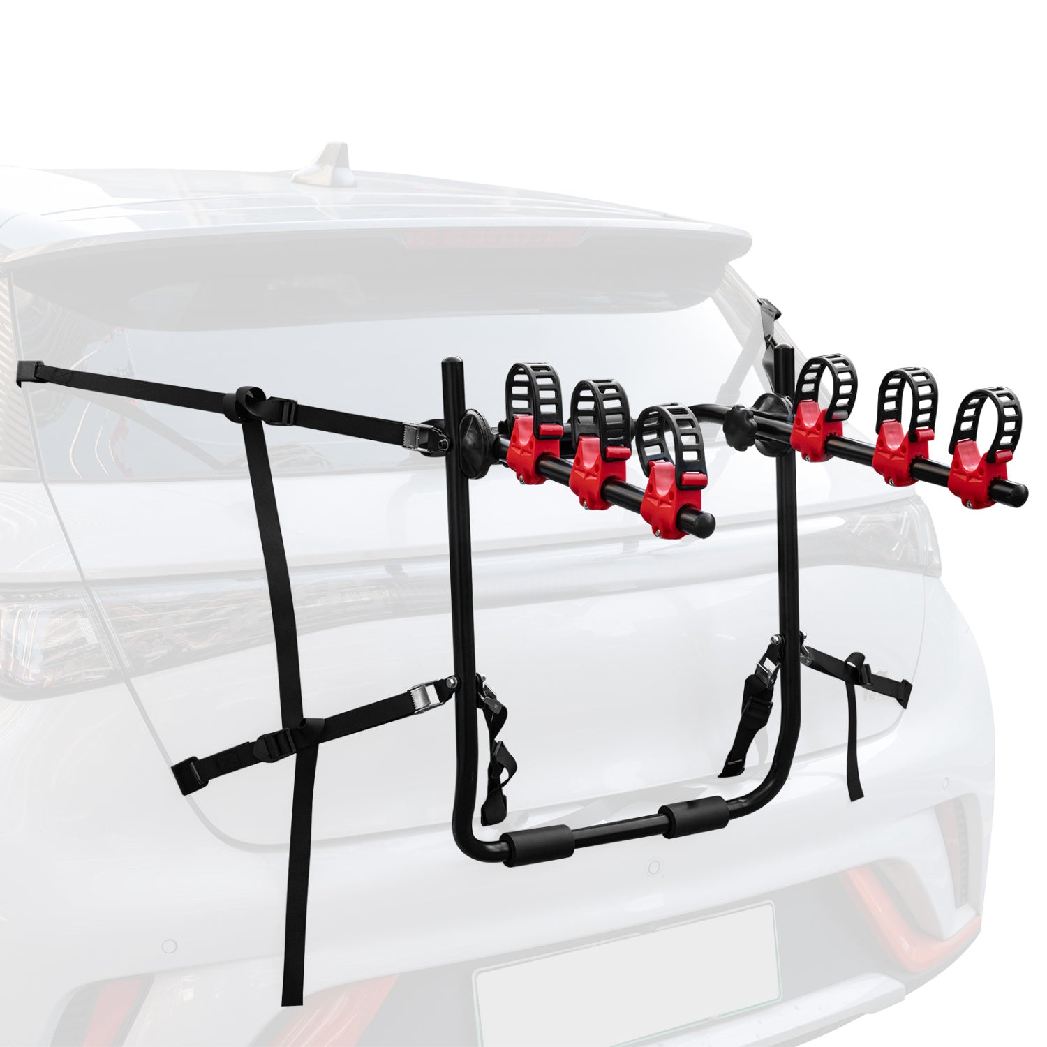Superbuy trunk mount 3-bike rack with anti-sway straps and soft padding attached to SUV for secure outdoor bike transport