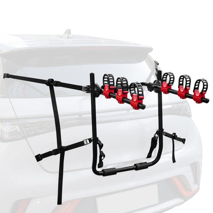 Superbuy trunk mount 3-bike rack with anti-sway straps and soft padding attached to SUV for secure outdoor bike transport