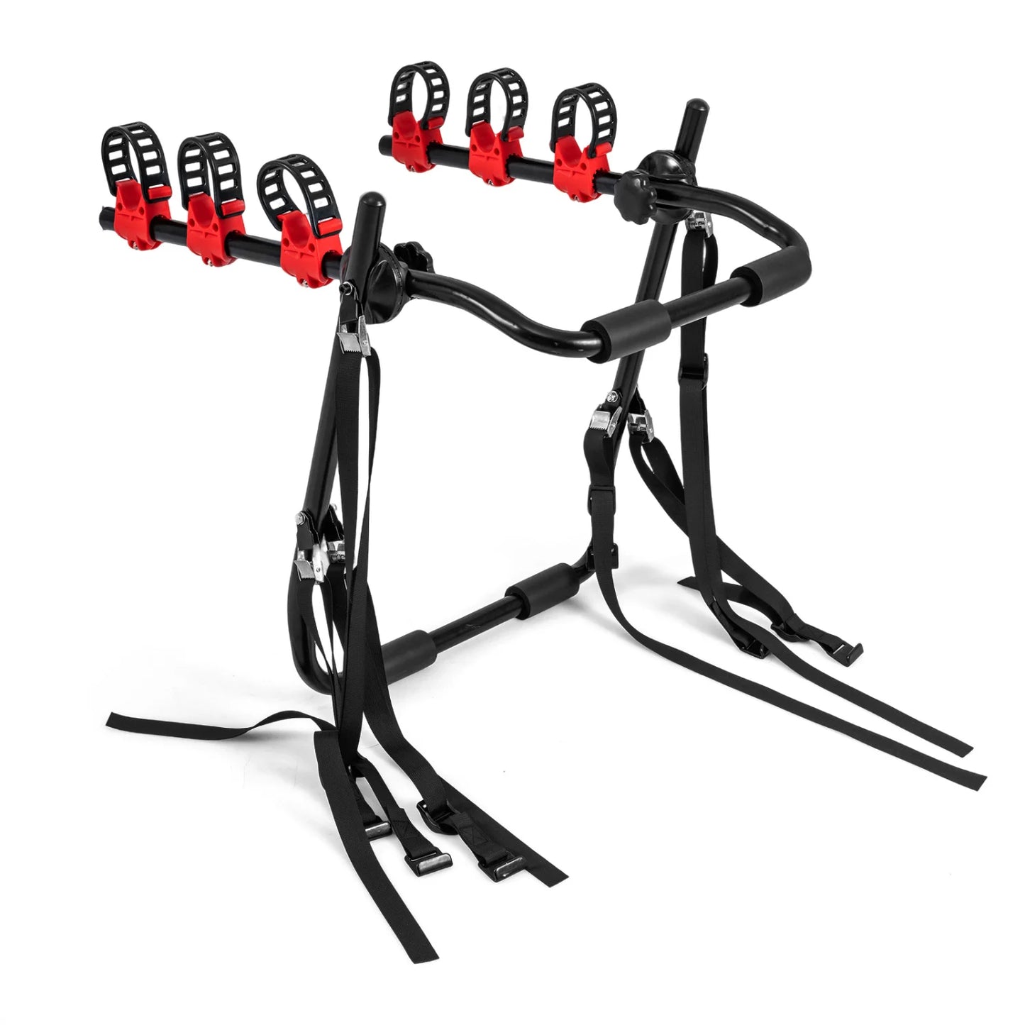 Superbuy trunk mount 3-bike rack with anti-sway straps and soft padding attached to an SUV for outdoor bike transport.