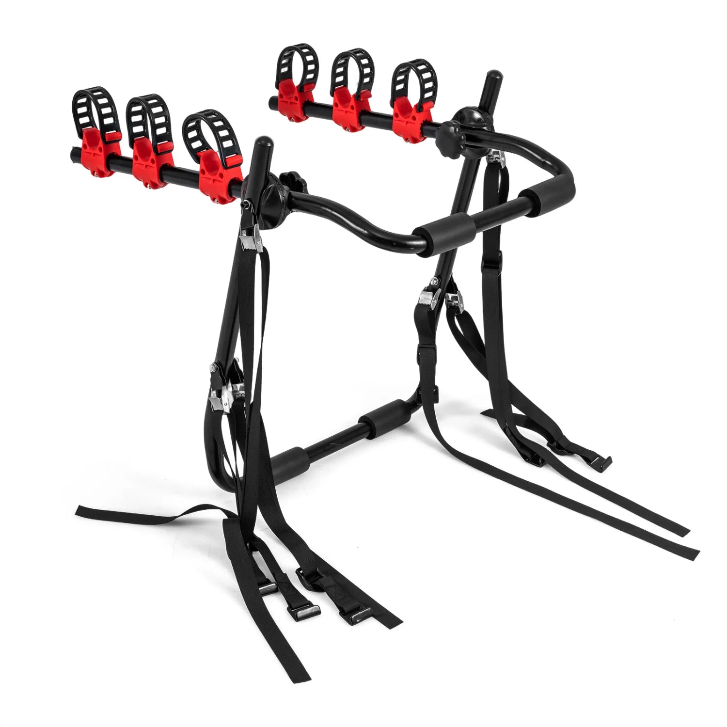 Superbuy trunk mount 3-bike rack with anti-sway straps and soft padding attached to an SUV for outdoor bike transport.