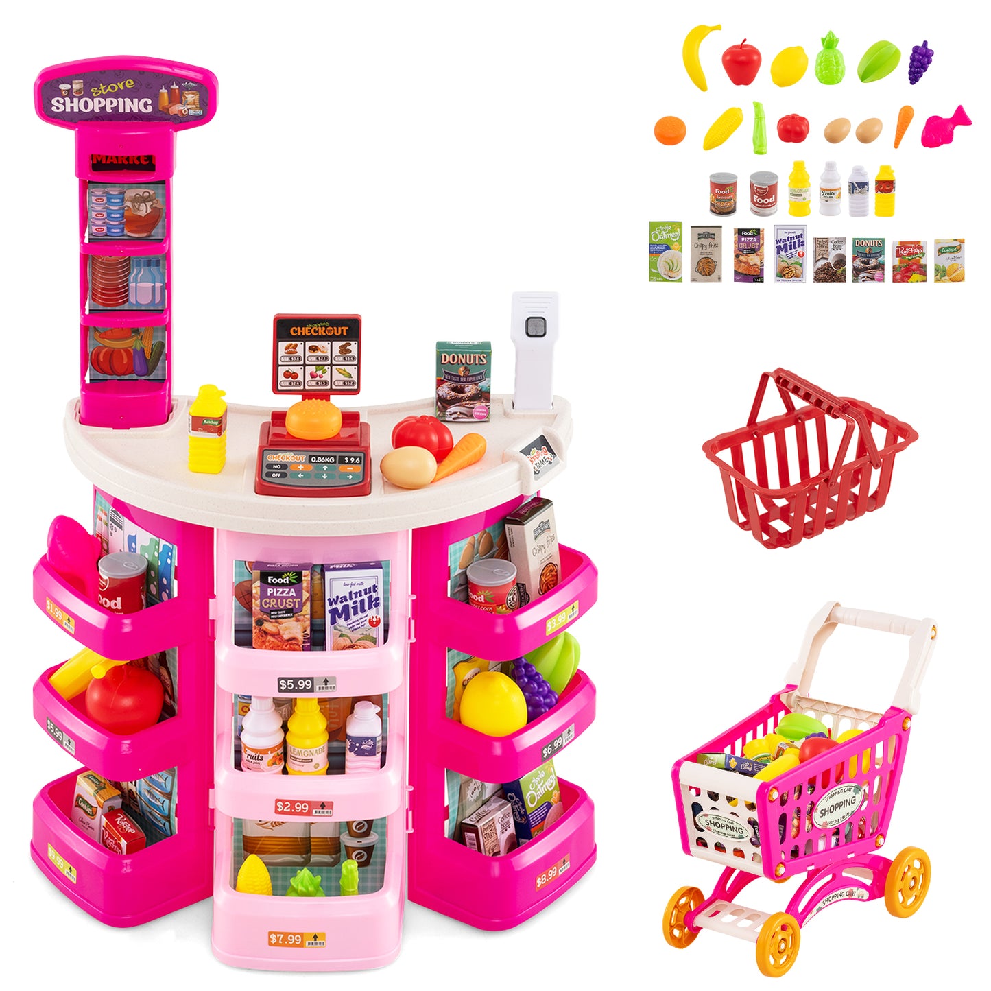 Supermarket Playset for Kids 76 PCS Pretend Play Grocery Store Set with Shopping Cart-Blue