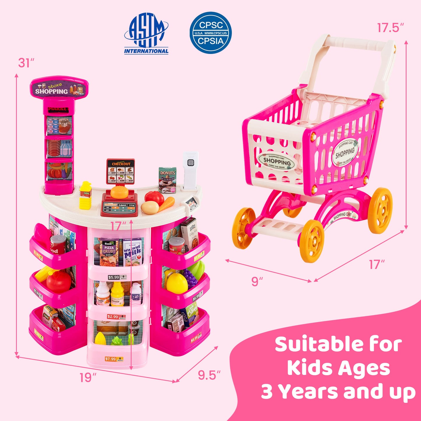 Supermarket Playset for Kids 76 PCS Pretend Play Grocery Store Set with Shopping Cart-Blue
