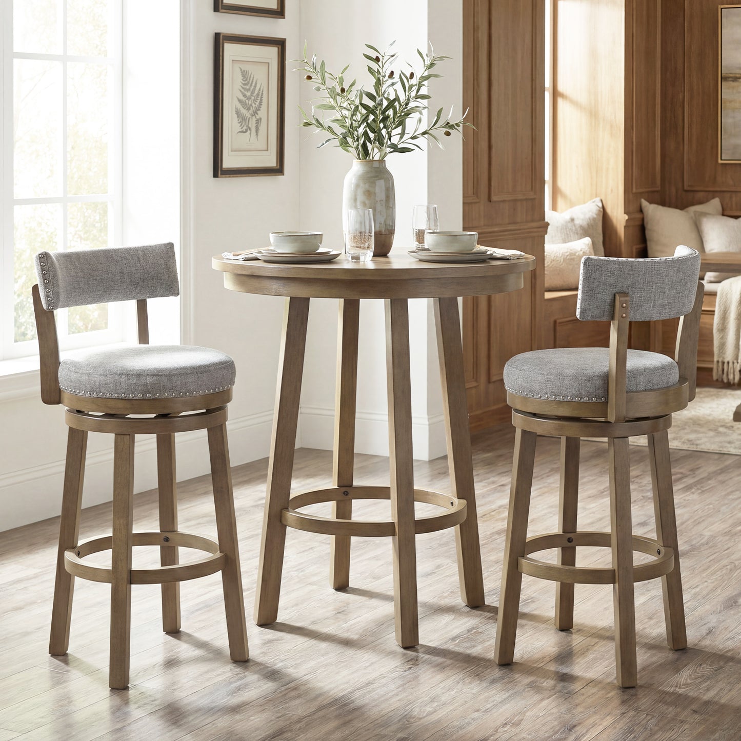 Swivel Bar Stools Set of 2 Linen Fabric Upholstered Barstools with Back-31.5 Inches