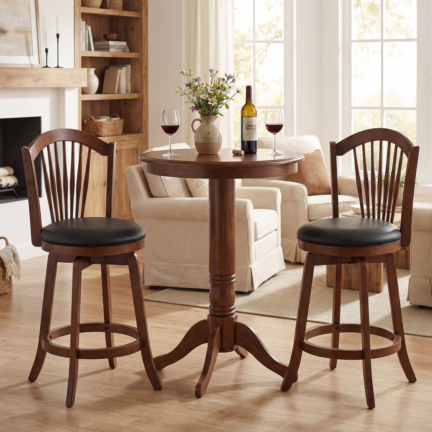 Swivel Bar Stools with Backrests and Wood Frame for Kitchen Island-24 Inch