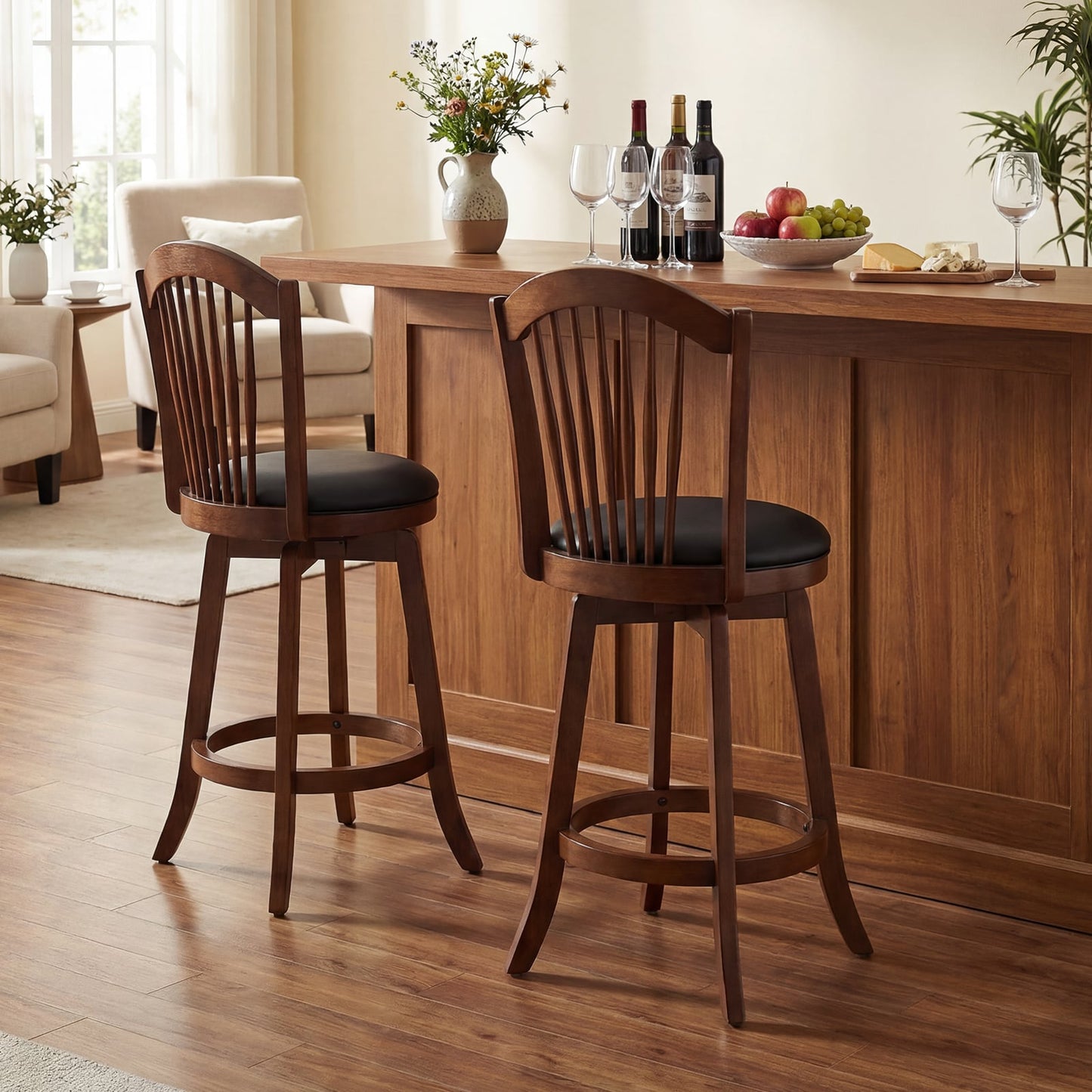 Swivel Bar Stools with Backrests and Wood Frame for Kitchen Island-24 Inch