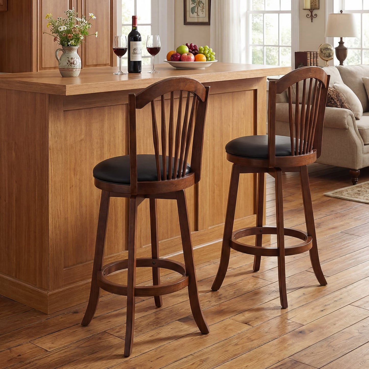 Swivel Bar Stools with Backrests and Wood Frame for Kitchen Island-24 Inch