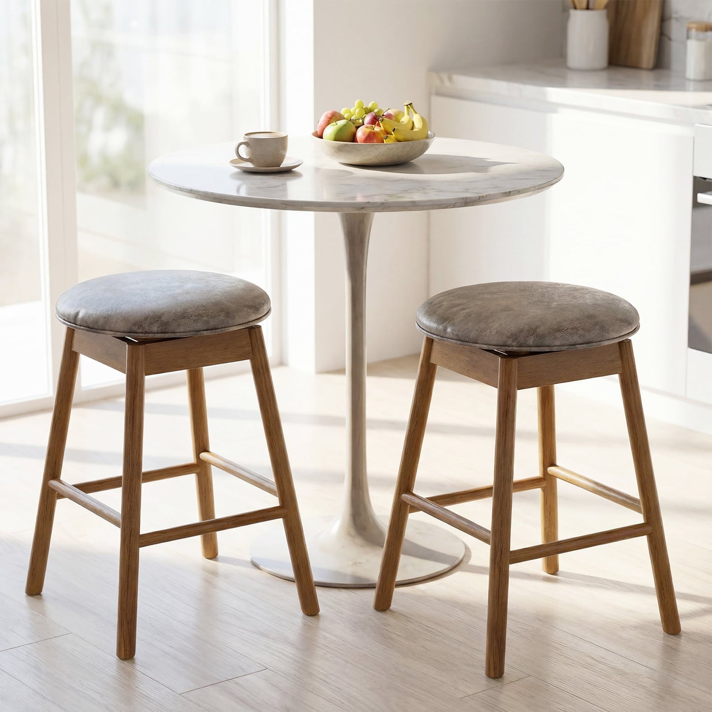 Swivel Counter Height Barstools with Solid Wood Legs and Footrests-Set of 2