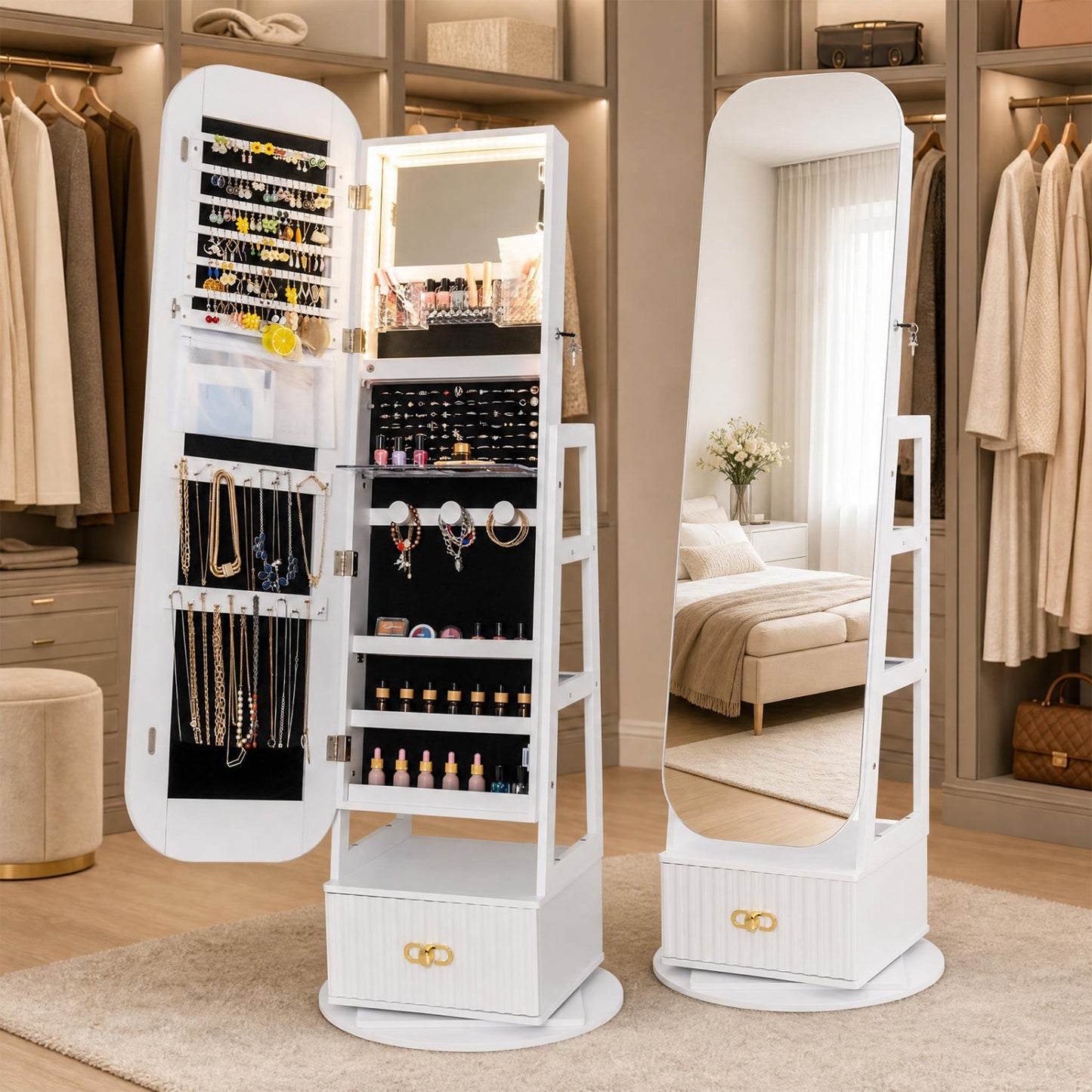Swivel Jewelry Cabinet with Full-Length Mirror and LED Lights and Storage Shelves-White