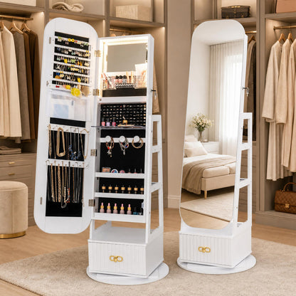 Swivel Jewelry Cabinet with Full-Length Mirror and LED Lights and Storage Shelves-White
