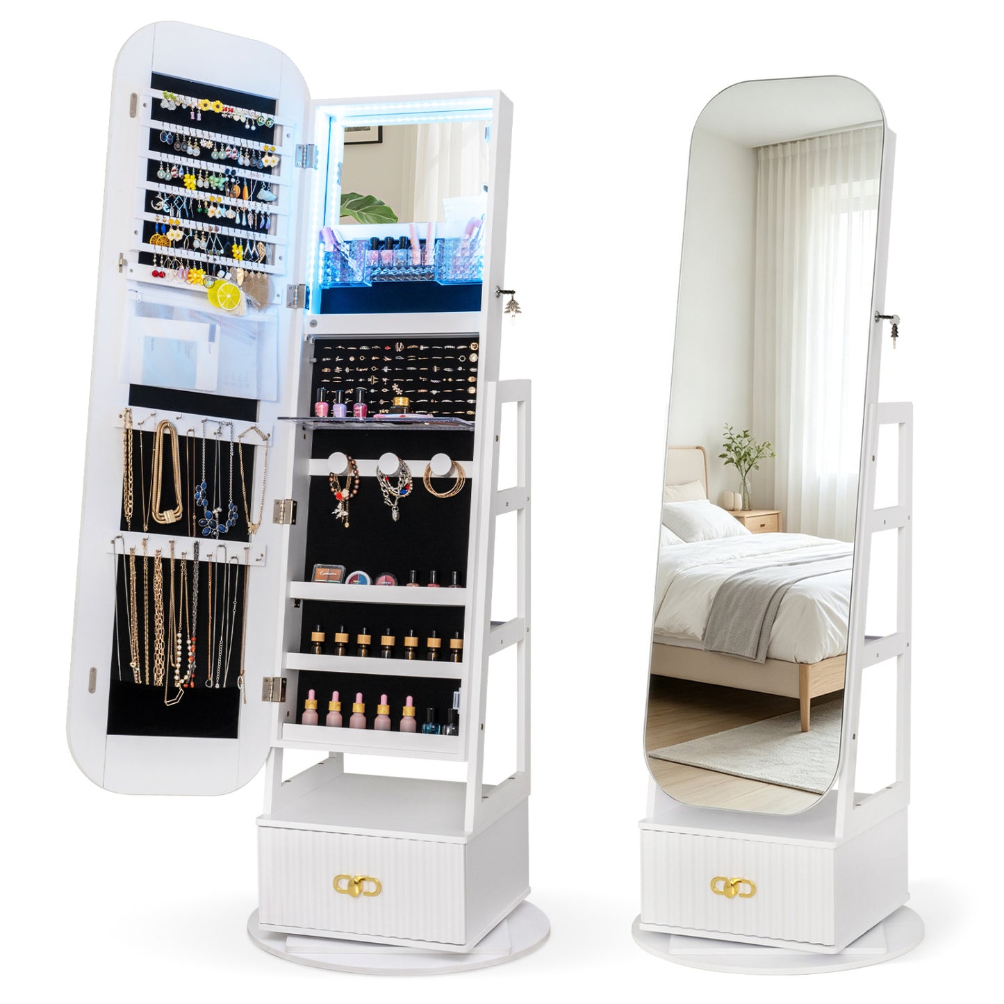 Swivel Jewelry Cabinet with Full-Length Mirror and LED Lights and Storage Shelves-White