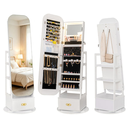 Swivel Jewelry Cabinet with Full-Length Mirror and LED Lights and Storage Shelves-White