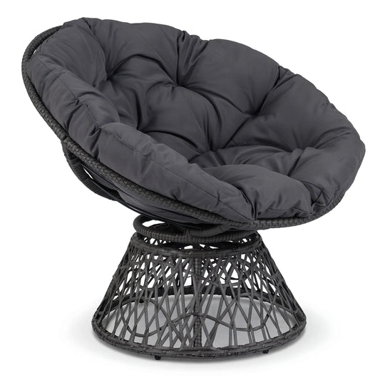 Swivel Papasan Chair Round Wicker Lounge Chair with Thick Cushion-Grey