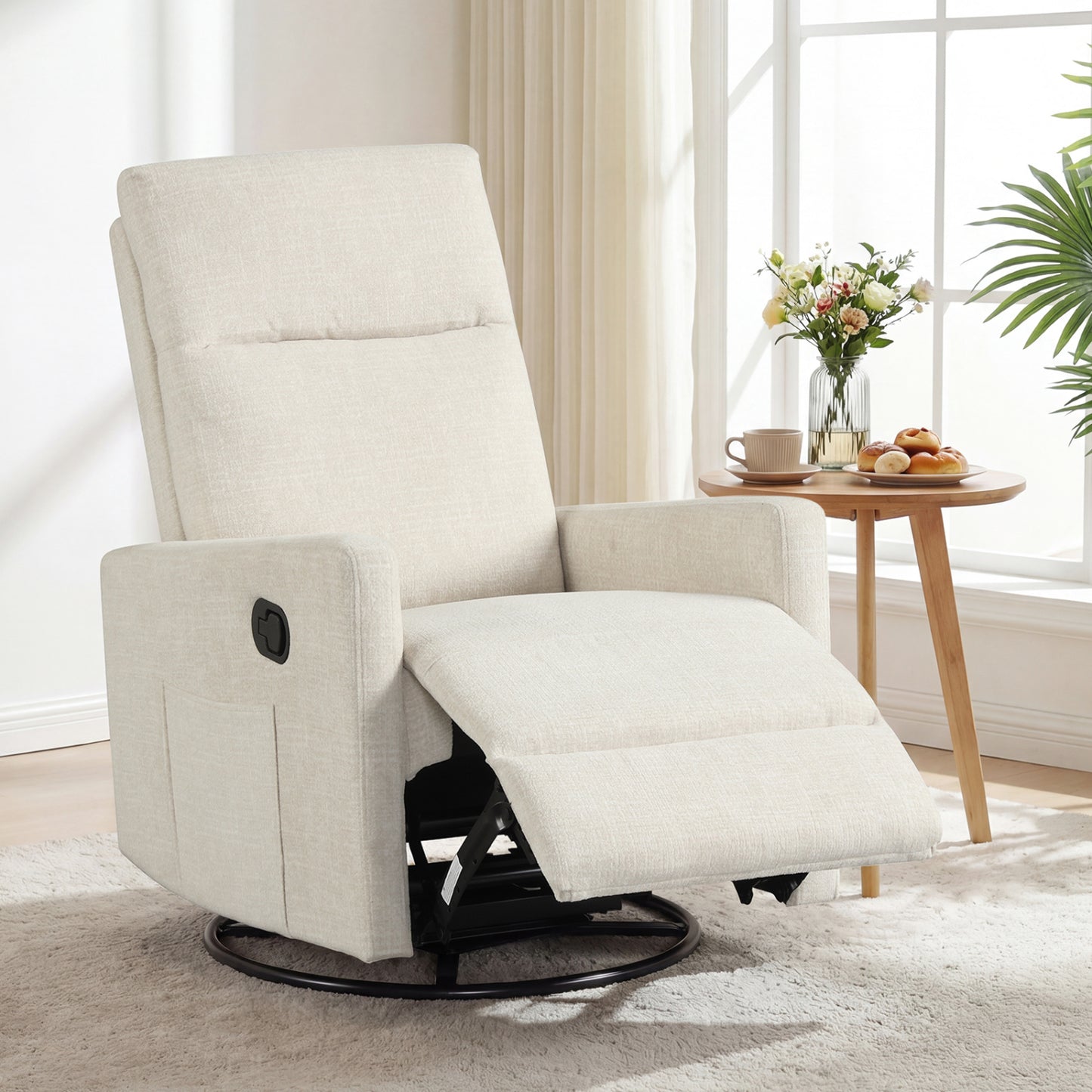 Beige swivel rocking chair with cushioned back, 360° rotation, suitable for nursery or living room, by Wilsons Home Store.
