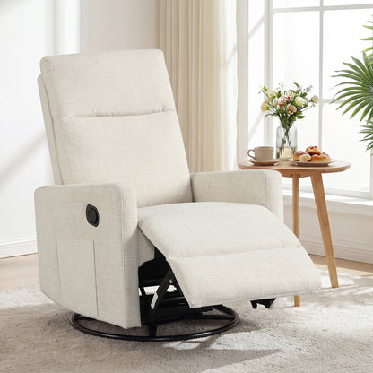 Beige swivel rocking chair with cushioned back, 360° rotation, suitable for nursery or living room, by Wilsons Home Store.