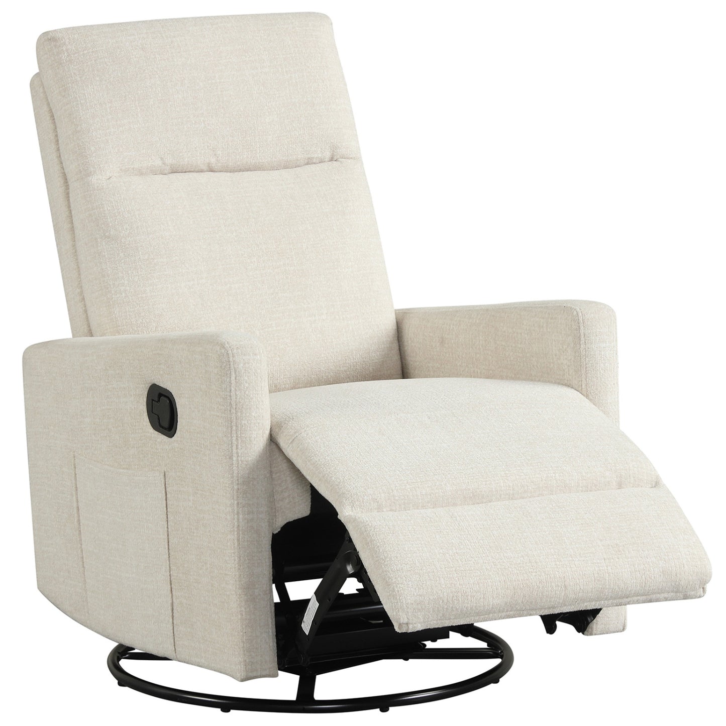 Beige swivel rocking chair with cushioned back, 360° rotation, ideal for nursery or living room seating.