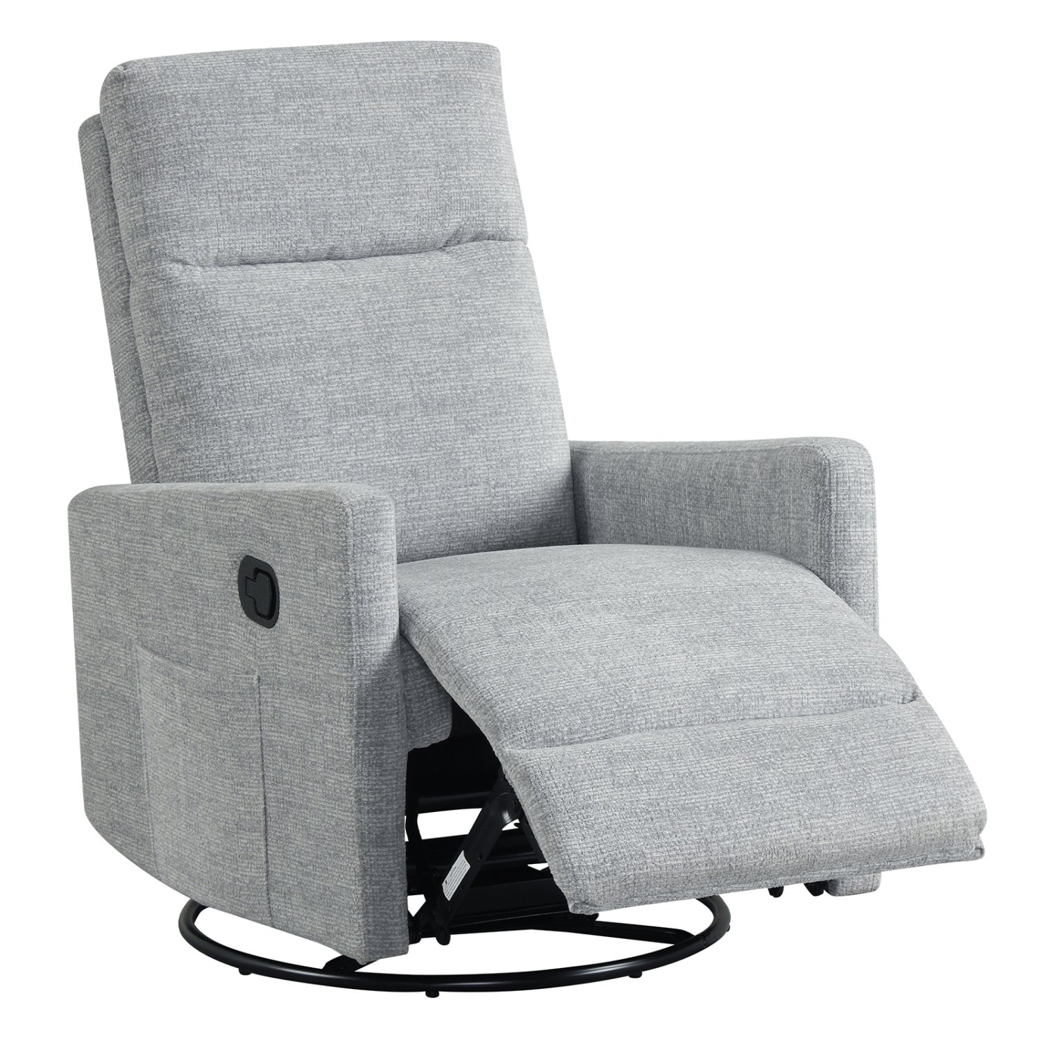 Beige swivel nursery rocking chair with cushioned back and 360° swivel for comfortable seating in a living room setting.