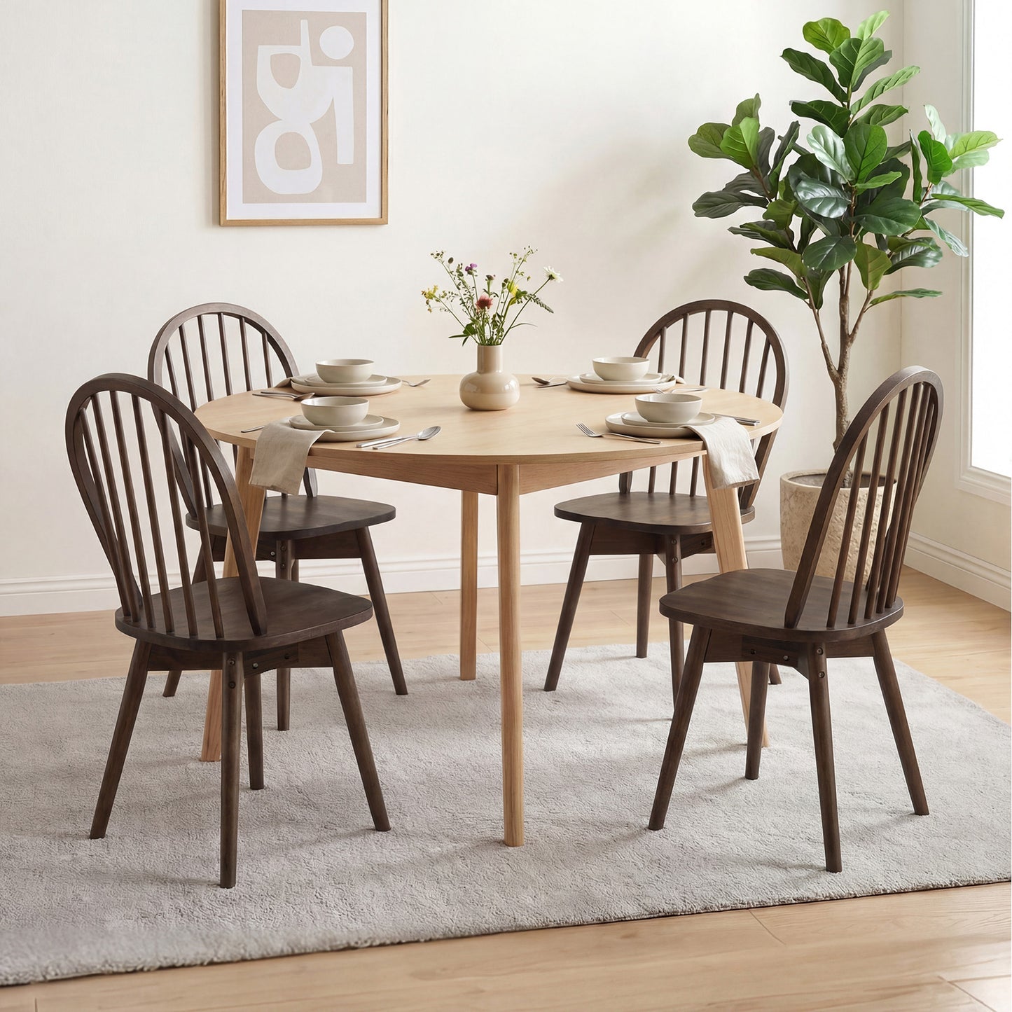 Swivel Windsor Dining Chairs Set of 4 with Solid Rubber Wood Frame-Natural