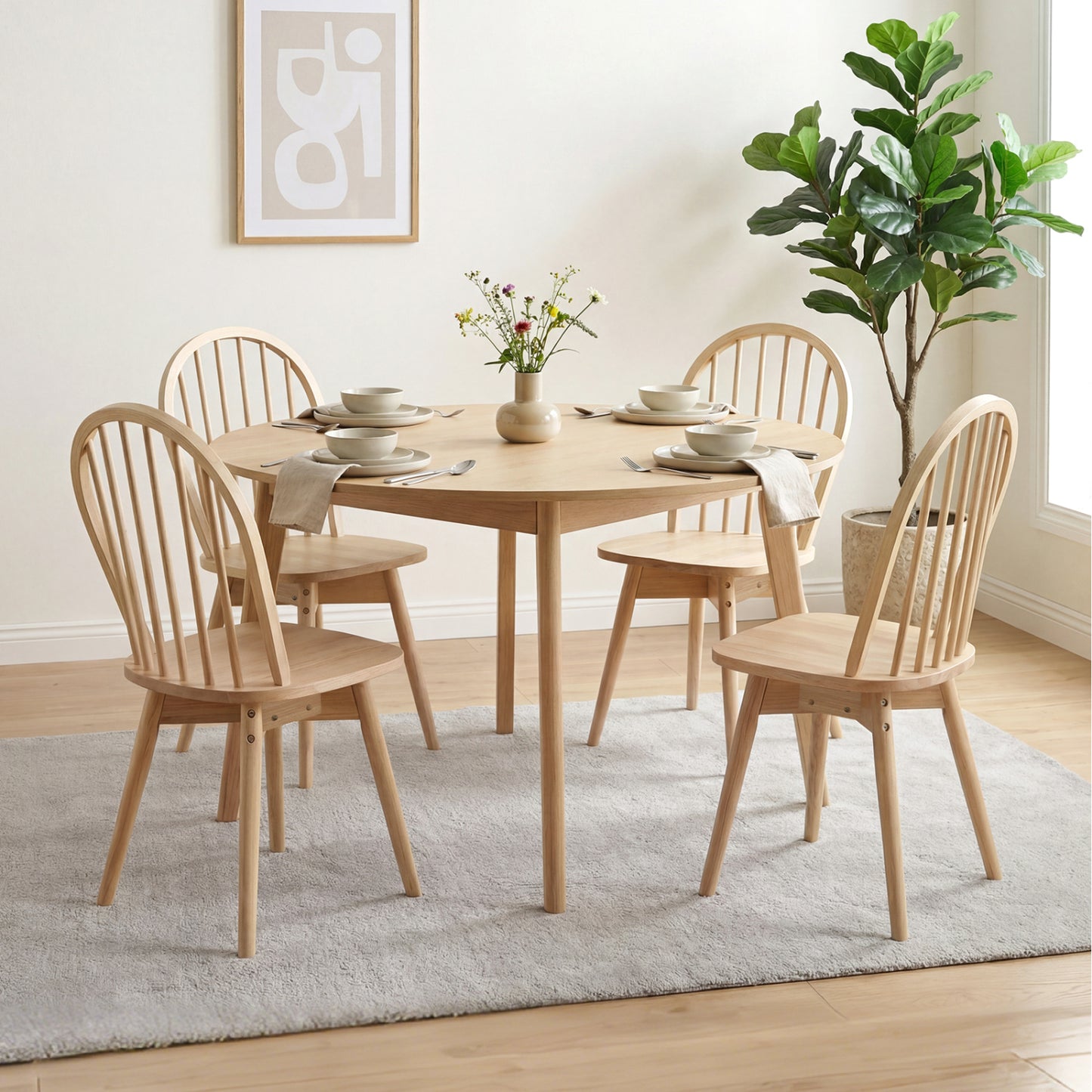 Swivel Windsor Dining Chairs Set of 2 with Solid Rubber Wood Frame-Natural