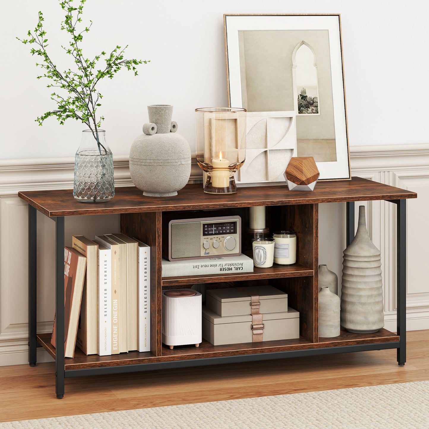 TV Stand Entertainment Center with Open Storage Shelves and Power Outlets to 50 Inches-Rustic Brown