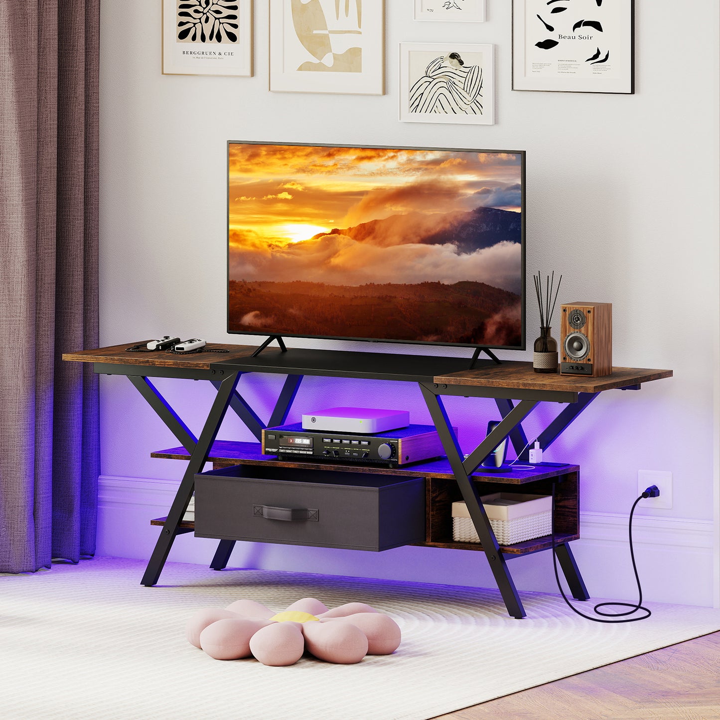 TV Stand for 65 Inch TVs with Power Outlets and LED Lights-Black