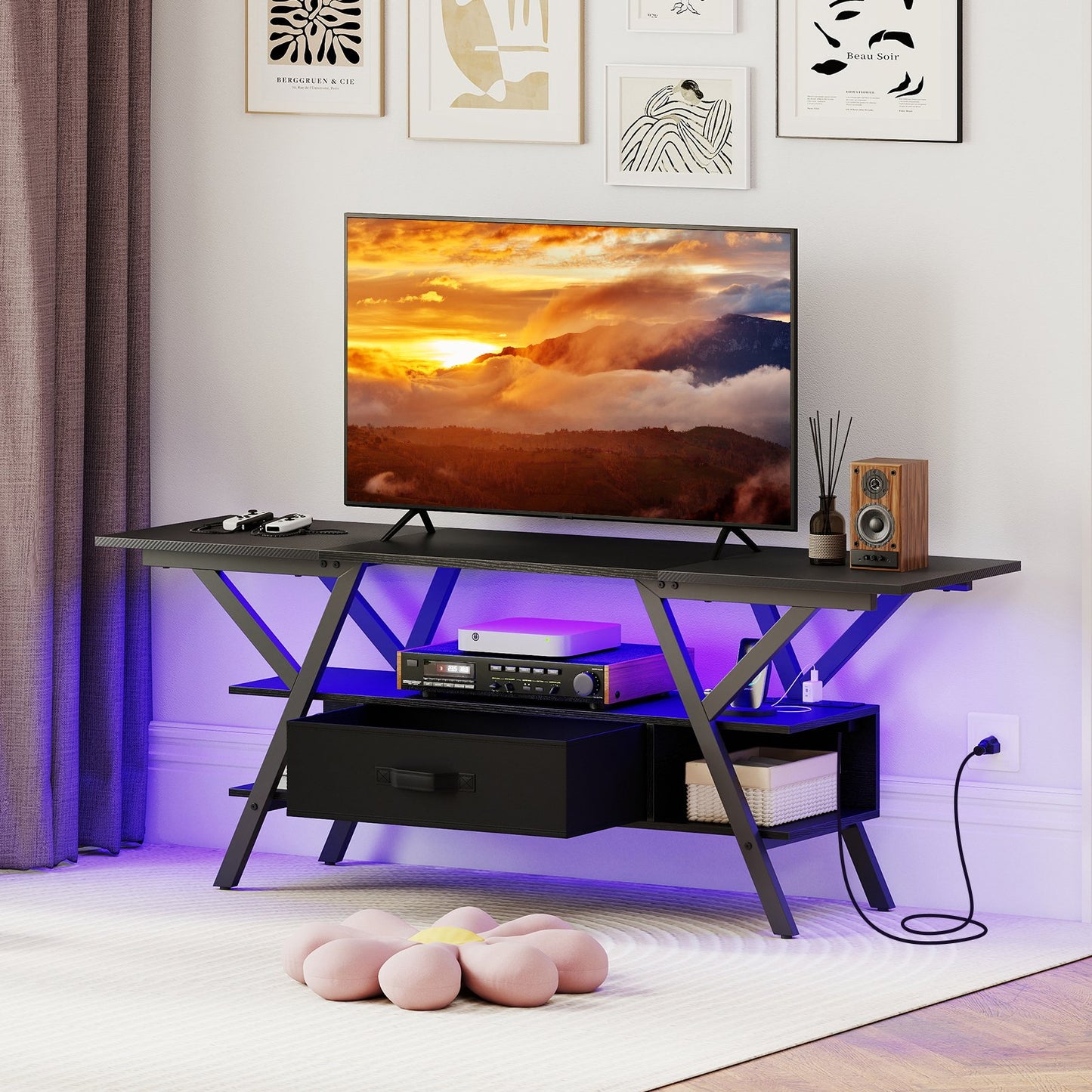 TV Stand for 65 Inch TVs with Power Outlets and LED Lights-Black