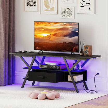 TV Stand for 65 Inch TVs with Power Outlets and LED Lights-Black