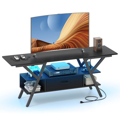 TV Stand for 65 Inch TVs with Power Outlets and LED Lights-Black