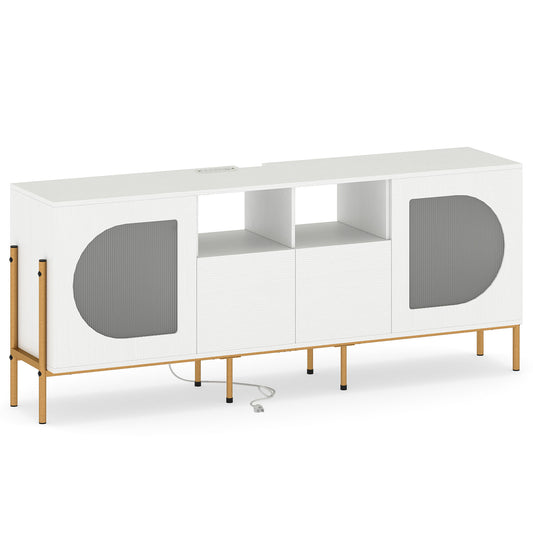 TV Stand for 70 Inch TV with Power Outlets Drawers and Open Shelves-White