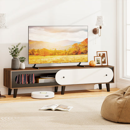 TV Stand for 80 Inch TVs Mid Century Modern Entertainment Center with Sliding Door Cabinet-Walnut