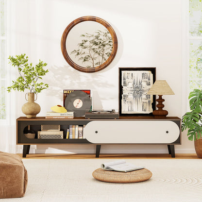 TV Stand for 80 Inch TVs Mid Century Modern Entertainment Center with Sliding Door Cabinet-Walnut