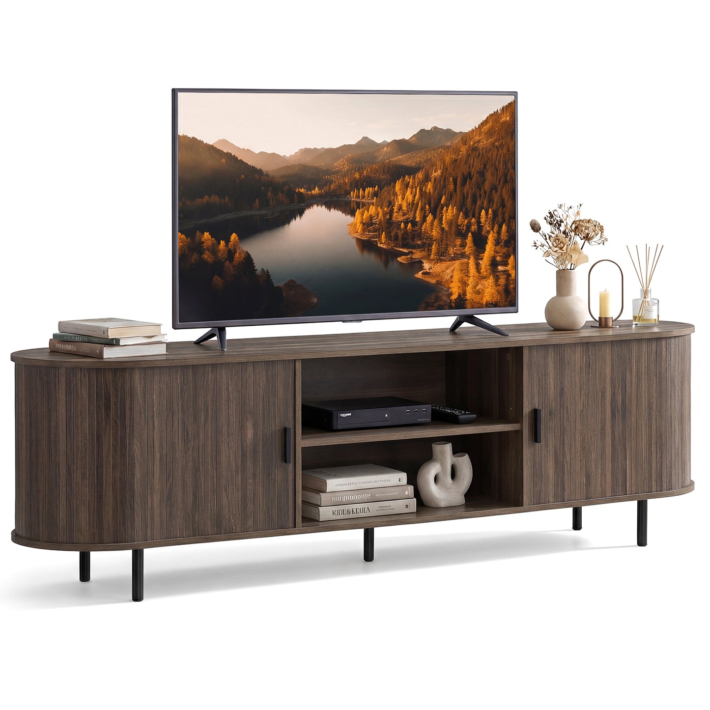 TV Stand for 80 Inch TVs Mid Century Modern Entertainment Center with Fluted Sliding Doors-Natural