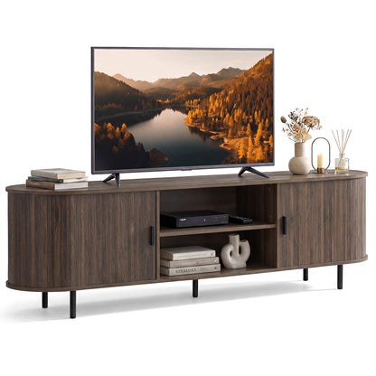 TV Stand for 80 Inch TVs Mid Century Modern Entertainment Center with Fluted Sliding Doors-Natural