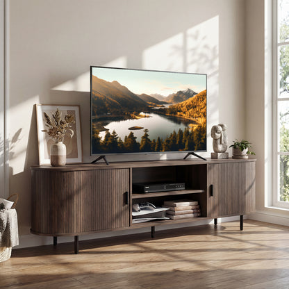 TV Stand for 80 Inch TVs Mid Century Modern Entertainment Center with Fluted Sliding Doors-Natural