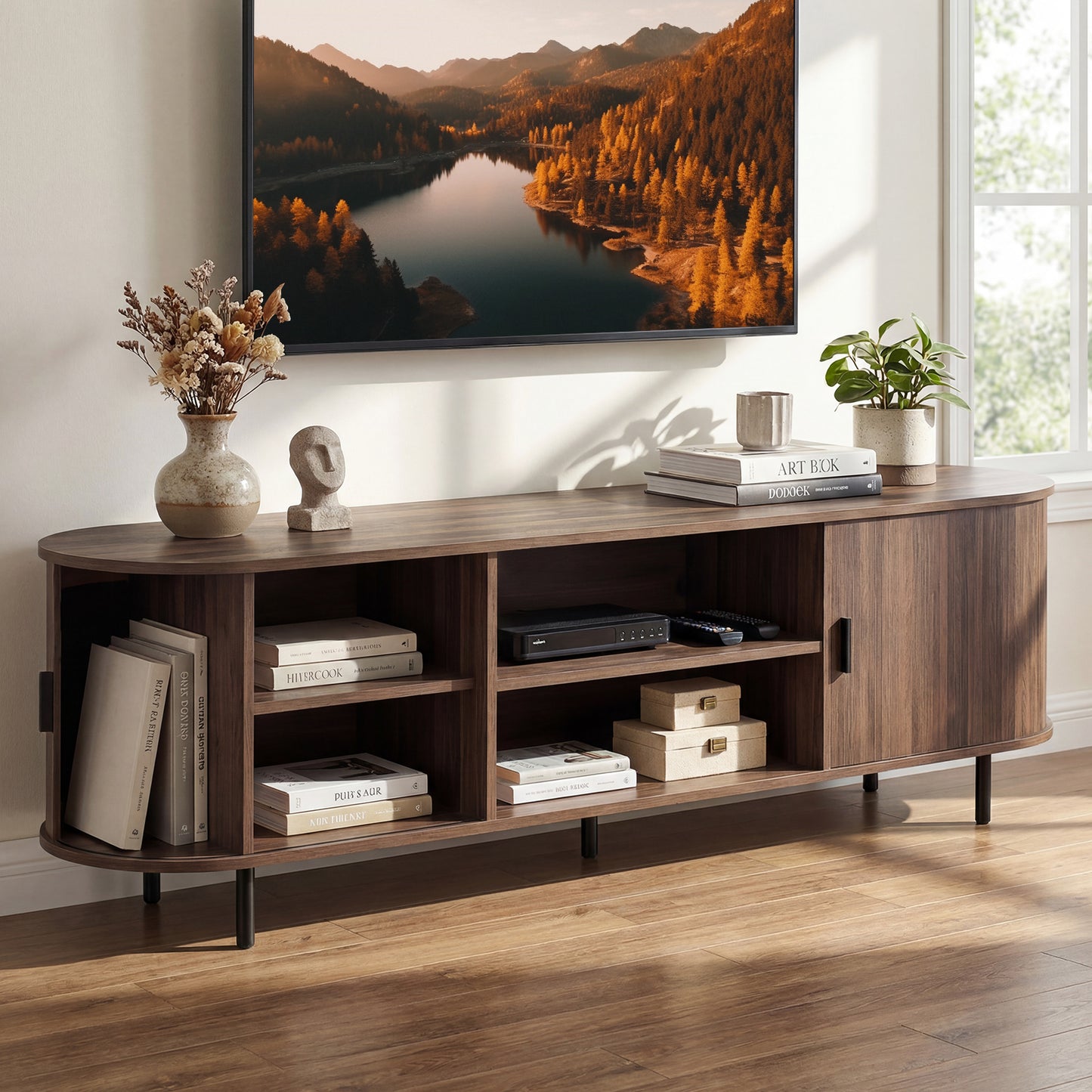 TV Stand for 80 Inch TVs Mid Century Modern Entertainment Center with Fluted Sliding Doors-Natural