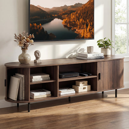 TV Stand for 80 Inch TVs Mid Century Modern Entertainment Center with Fluted Sliding Doors-Natural