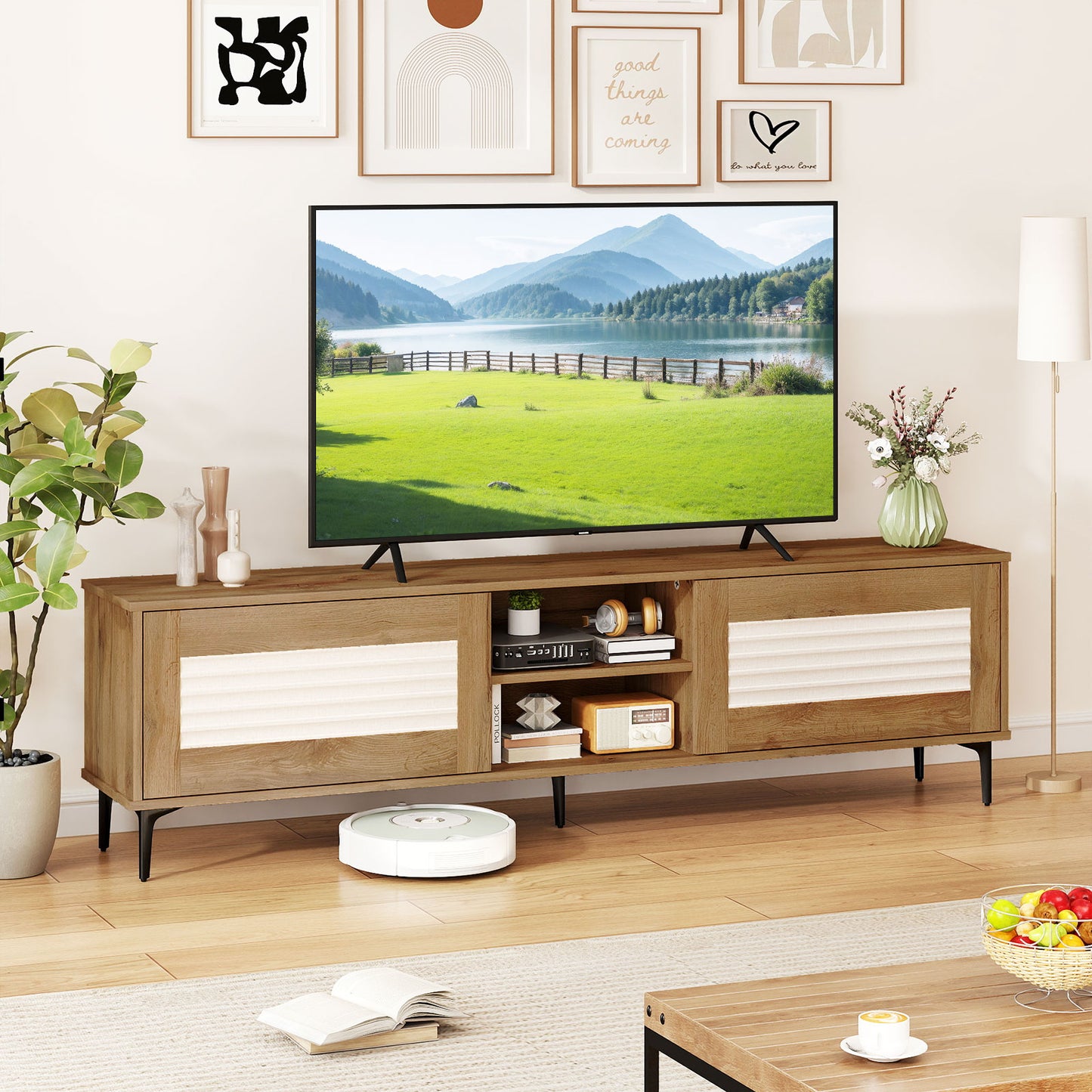 TV Stand for TVs up to 70 Inch Waveform Fluted Entertainment Center-Oak