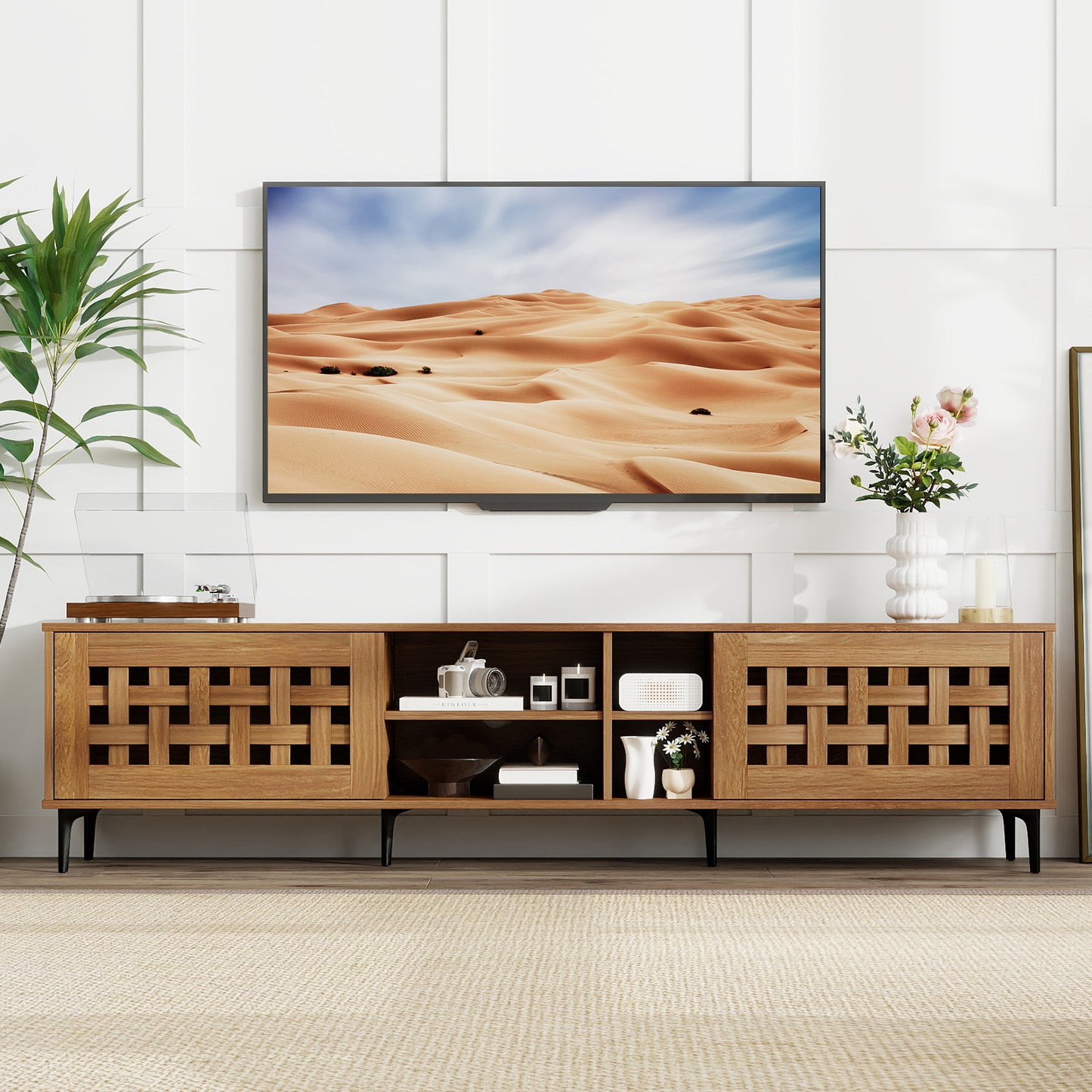 TV Stand for TVs up to 80" with 2 Doors and Storage Cabinets-Walnut