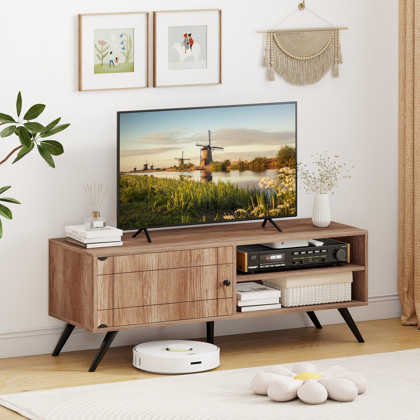 TV Stand for TVs up to 55 Inch Mid Century Modern Entertainment Center with Storage Cabinet-Oak