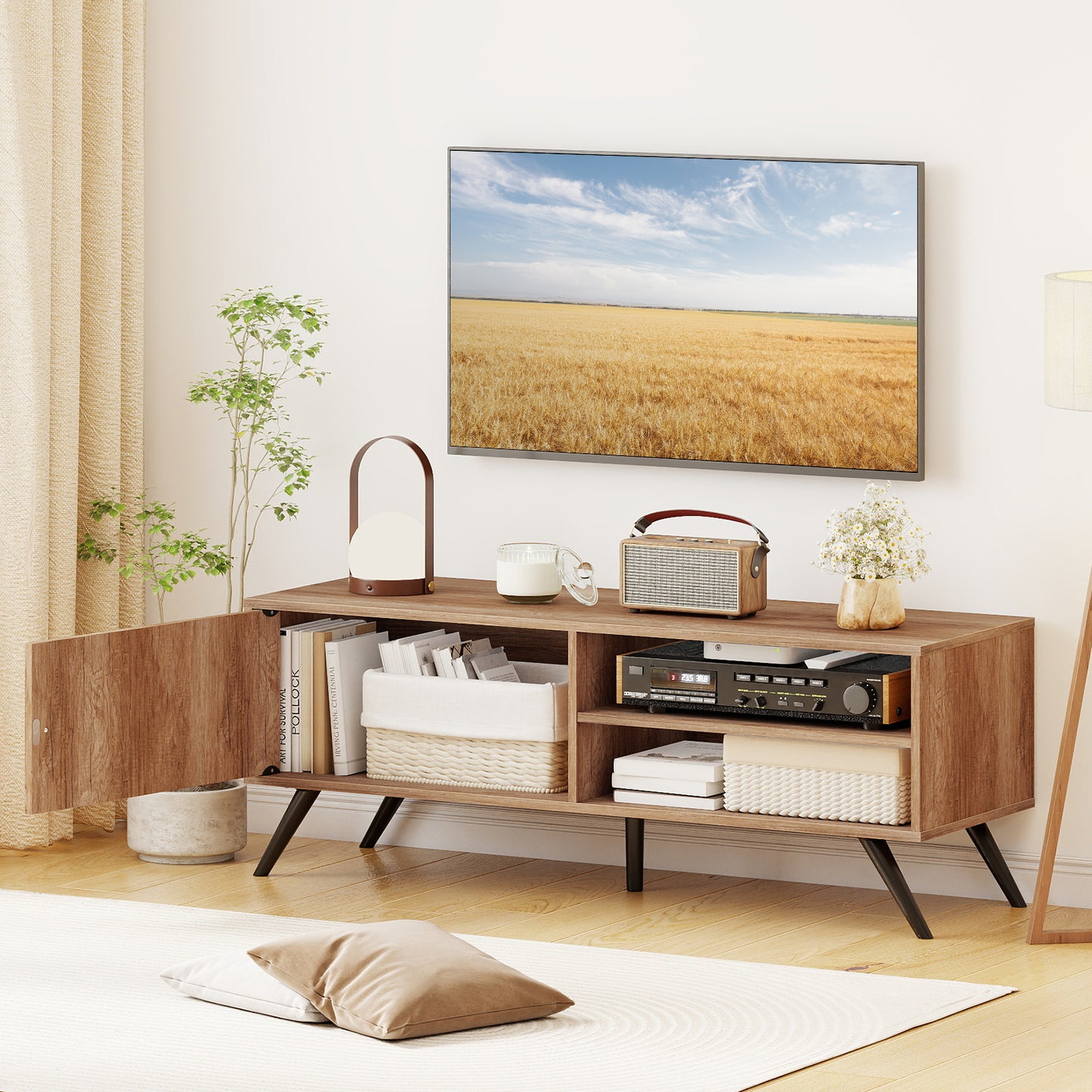 TV Stand for TVs up to 55 Inch Mid Century Modern Entertainment Center with Storage Cabinet-Oak